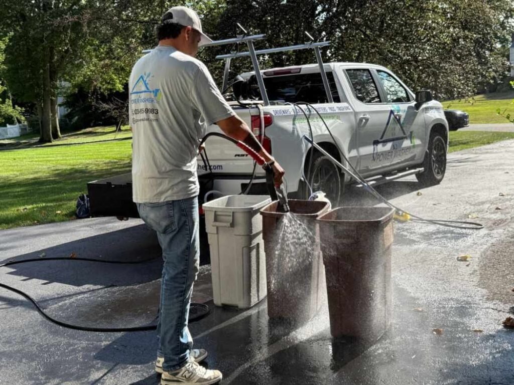 Eco-friendly trash bin sanitizing and power washing service to eliminate odors.